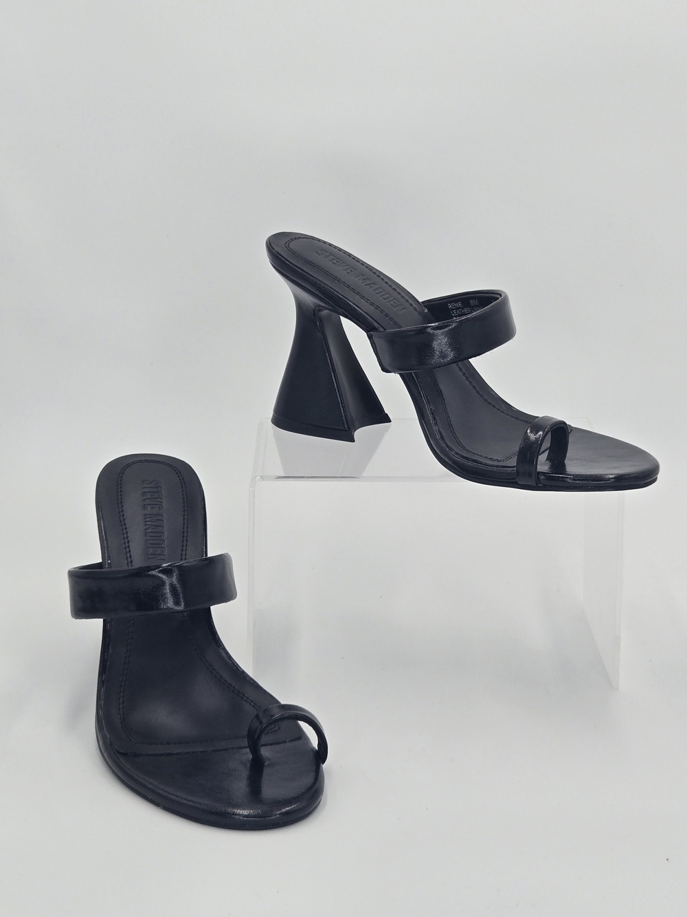Steve Madden Renie Black Two-Strap Flared Sculpted Heel Sandals Size 8